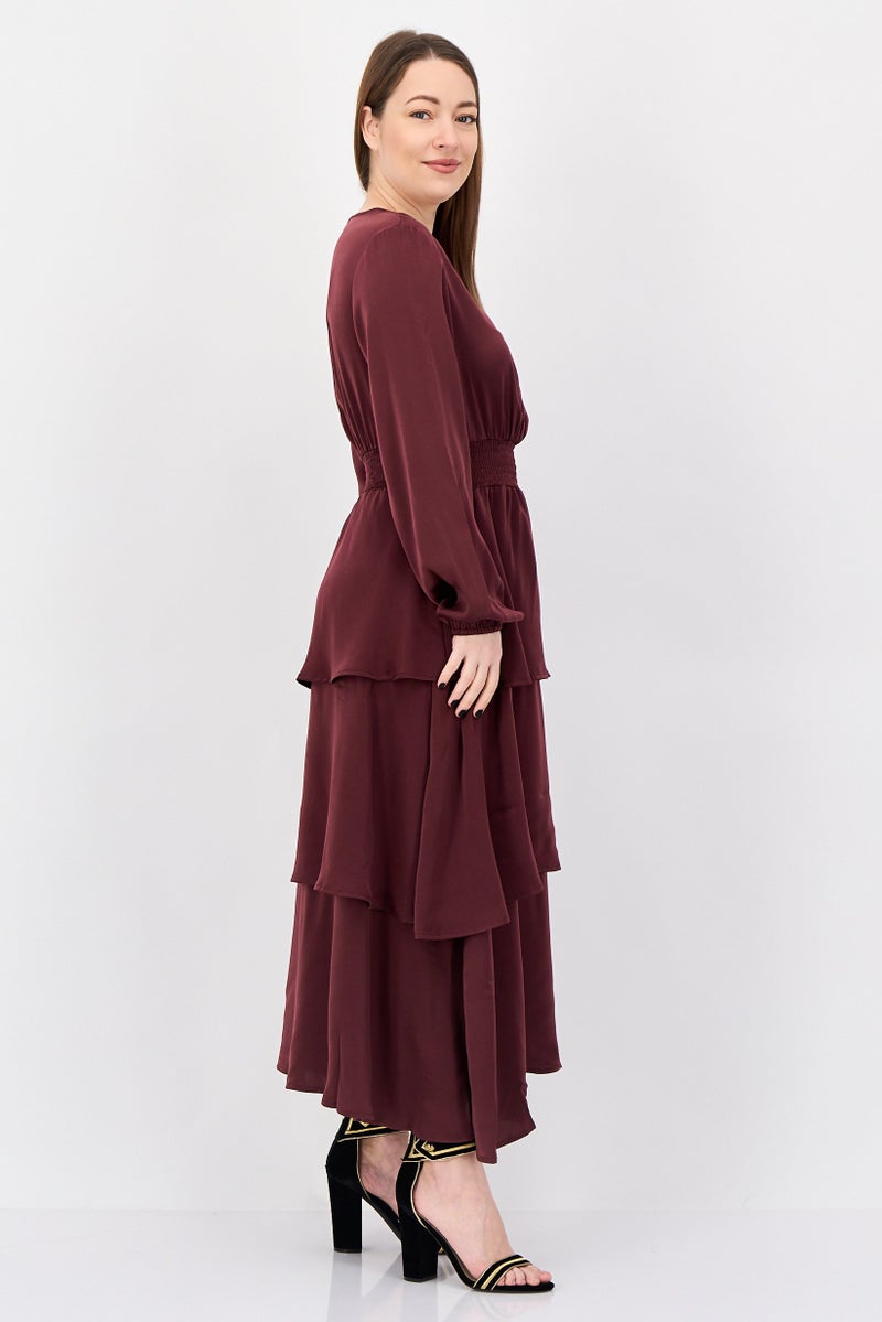 bebe Women Solid Layered Maxi Dress, Maroon - Image 2